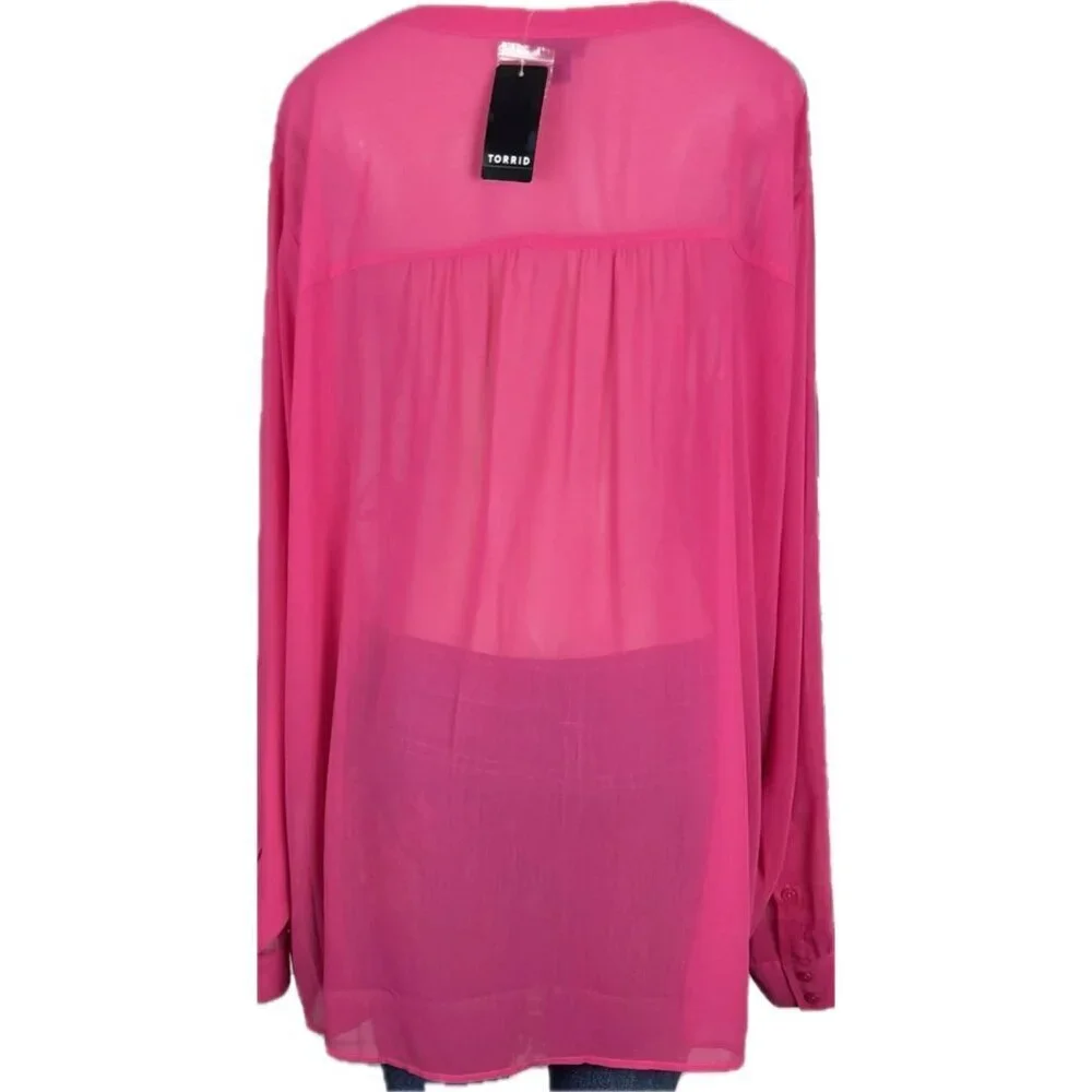 Torrid +5 Pink Split Neckline Button Down Sheer Woven Chiffon Long Sleeve Blouse - Picture 6 of 6